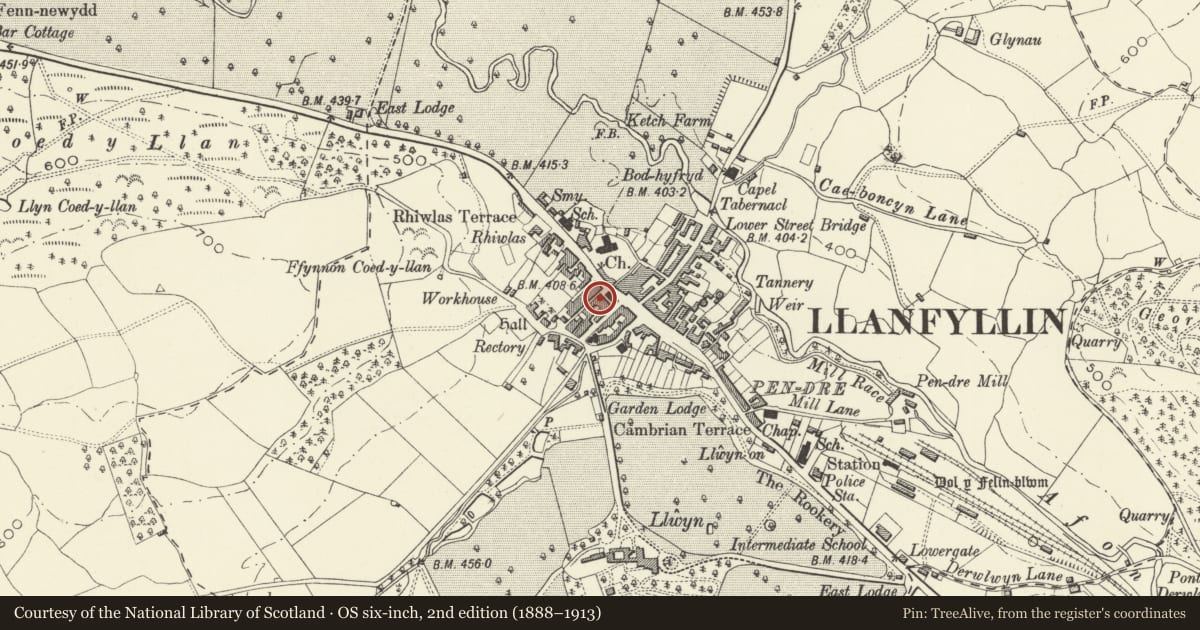 Ordnance Survey six-inch map, 2nd edition (1888–1913) covering the location of London House, Llanfyllin, Powys, with a pin at the register's coordinates