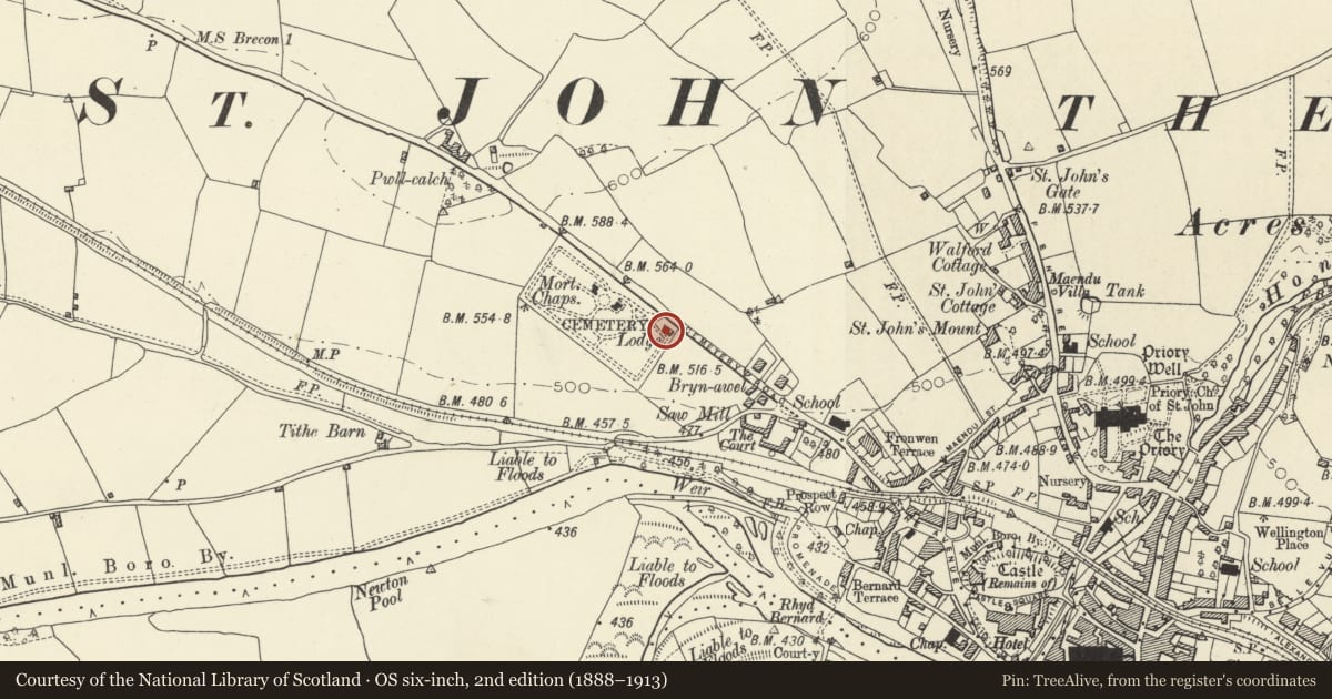 Ordnance Survey six-inch map, 2nd edition (1888–1913) covering the location of Former Cemetery Lodge, Brecon, Powys, with a pin at the register's coordinates