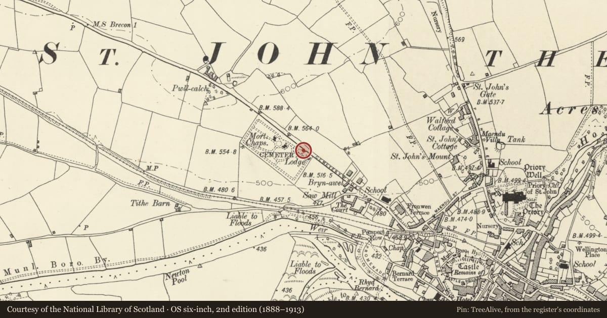 Ordnance Survey six-inch map, 2nd edition (1888–1913) covering the location of Gatepiers and Gates at Cemetery, Brecon, Powys, with a pin at the register's coordinates