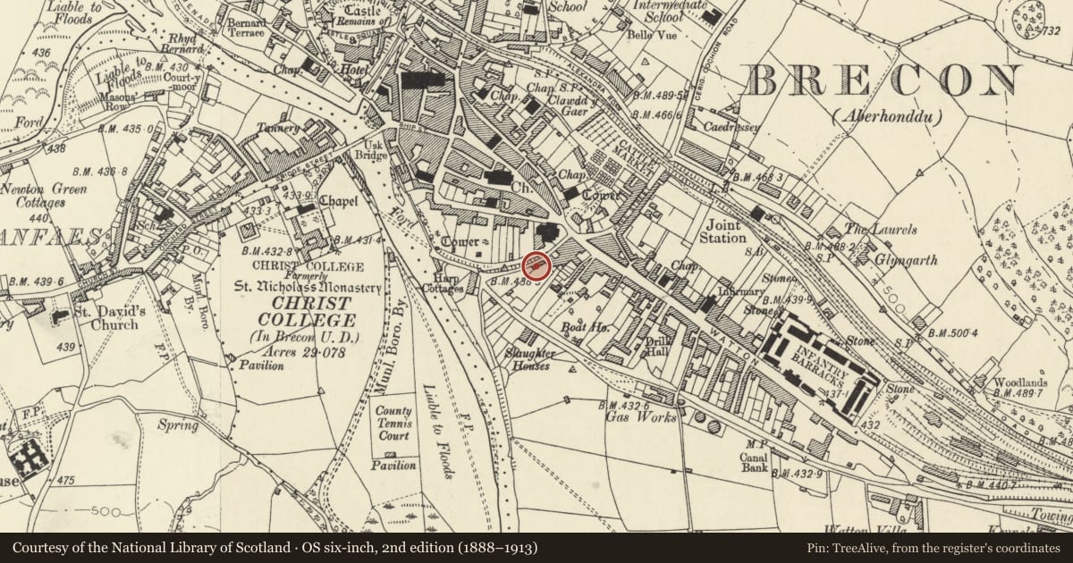 Ordnance Survey six-inch map, 2nd edition (1888–1913) covering the location of 2 Danygaer road, Brecon, Powys, with a pin at the register's coordinates