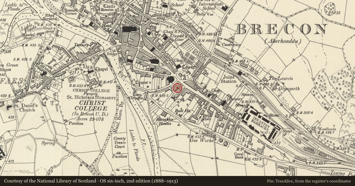 Ordnance Survey six-inch map, 2nd edition (1888–1913) covering the location of Danygaer Mill, Brecon, Powys, with a pin at the register's coordinates