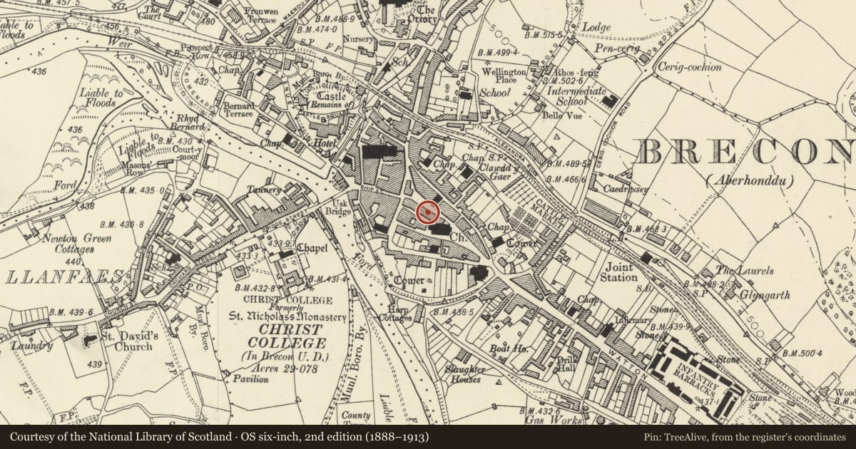 Ordnance Survey six-inch map, 2nd edition (1888–1913) covering the location of 51 High Street Inferior, Brecon, Powys, with a pin at the register's coordinates
