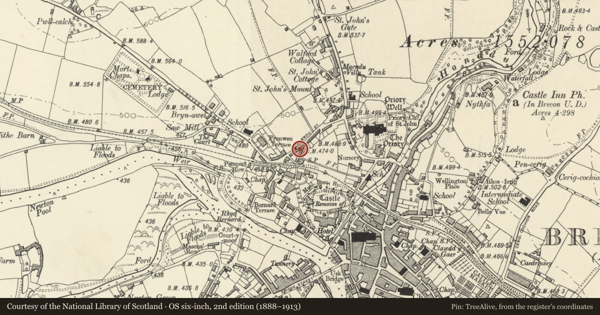 Ordnance Survey six-inch map, 2nd edition (1888–1913) covering the location of London Cottage, Brecon, Powys, with a pin at the register's coordinates