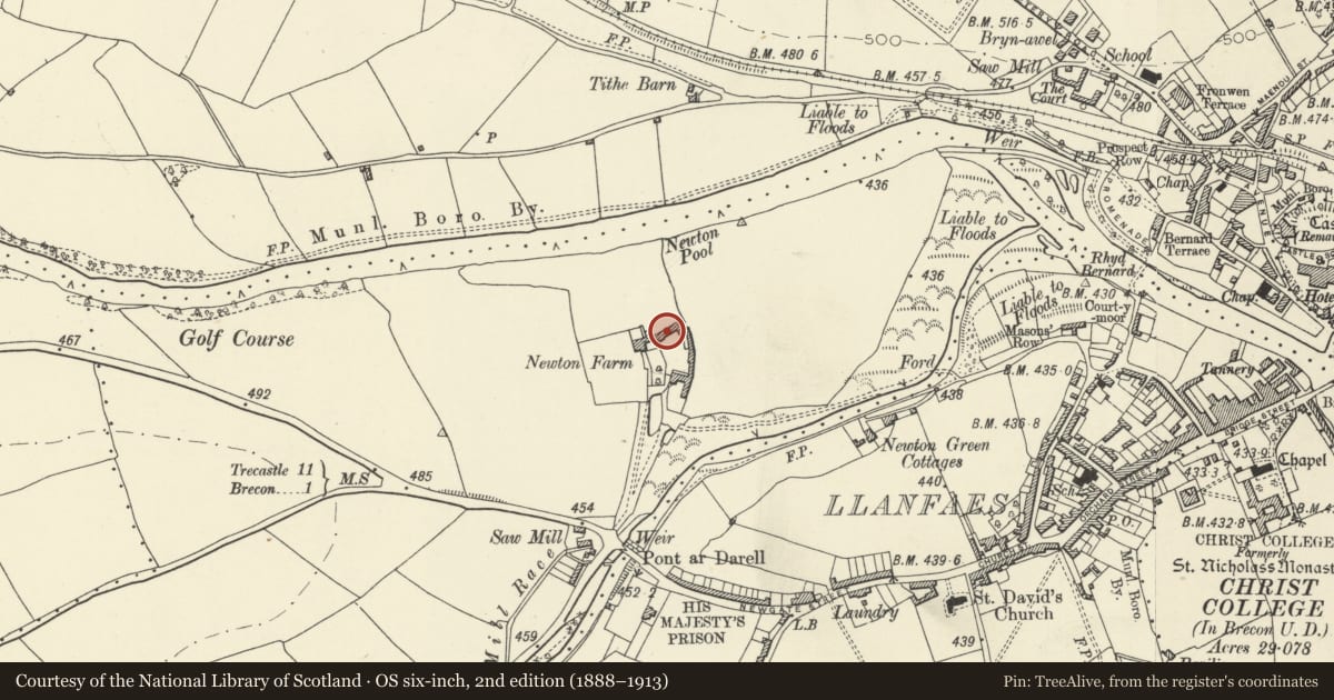 Ordnance Survey six-inch map, 2nd edition (1888–1913) covering the location of Newton Barn, Brecon, Powys, with a pin at the register's coordinates