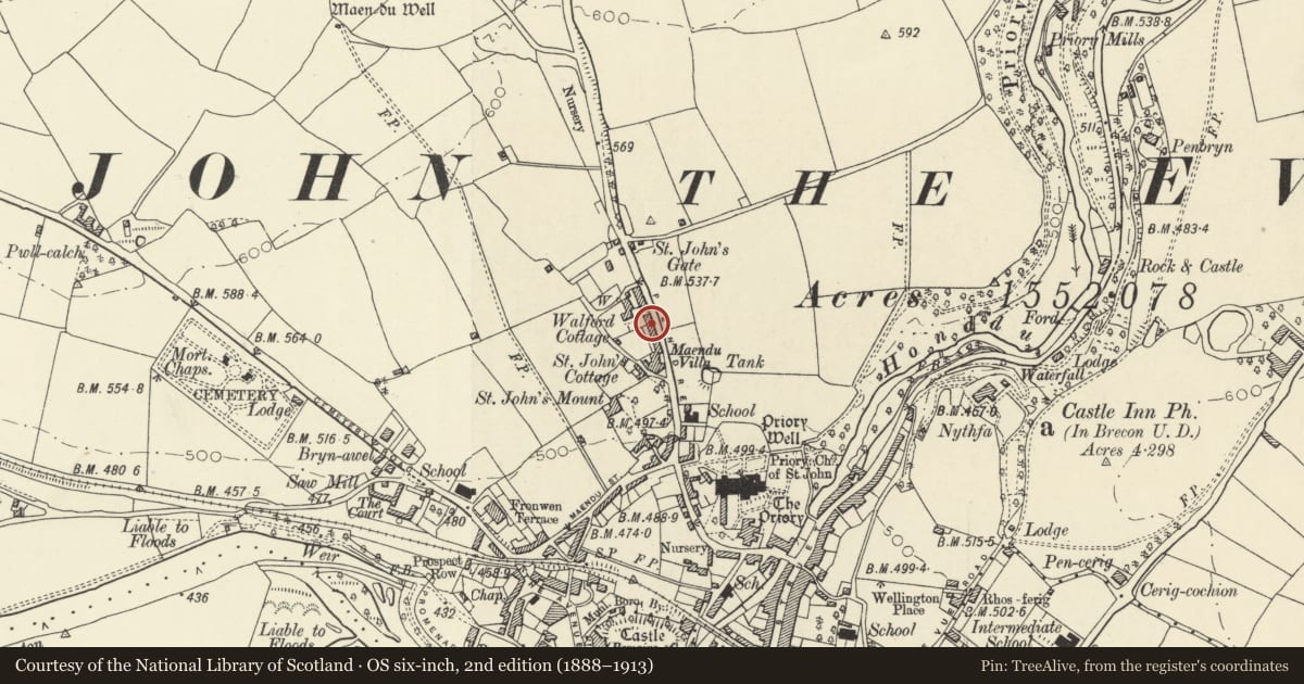 Ordnance Survey six-inch map, 2nd edition (1888–1913) covering the location of Dan-y-Glwyd, Brecon, Powys, with a pin at the register's coordinates