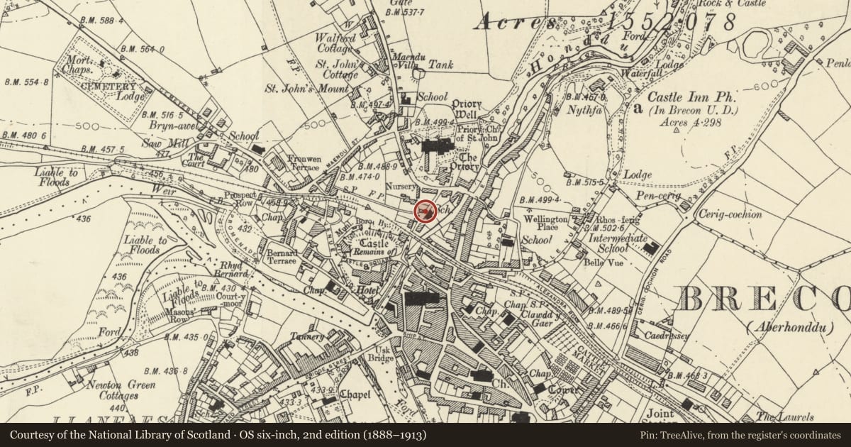 Ordnance Survey six-inch map, 2nd edition (1888–1913) covering the location of Wall on North side of Postern, Brecon, Powys, with a pin at the register's coordinates