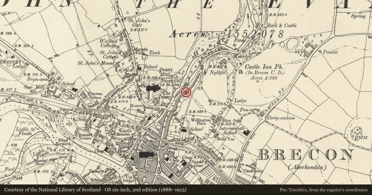 Ordnance Survey six-inch map, 2nd edition (1888–1913) covering the location of 47 The Struet, Brecon, Powys, with a pin at the register's coordinates
