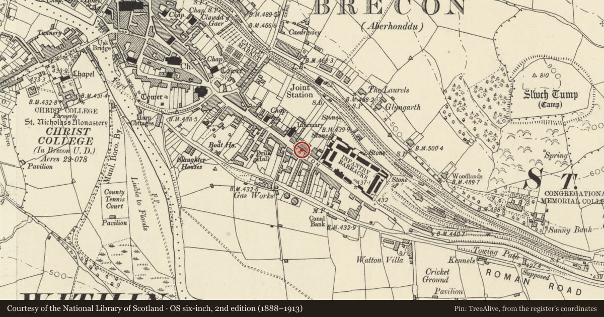Ordnance Survey six-inch map, 2nd edition (1888–1913) covering the location of Post Box outside No.9 The Watton, Brecon, Powys, with a pin at the register's coordinates