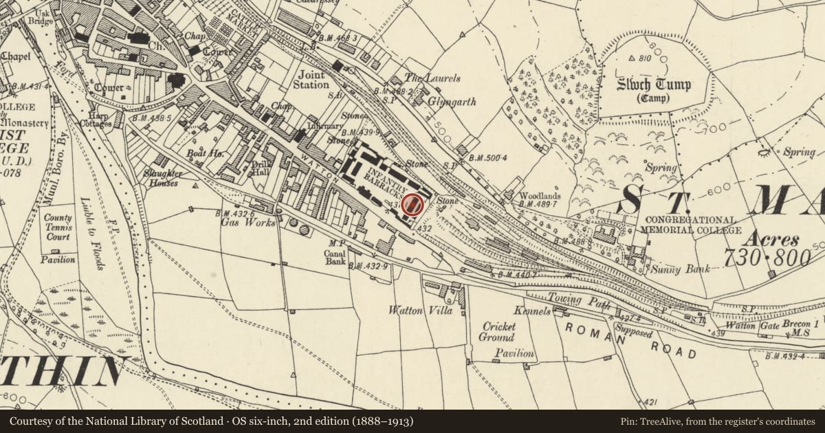 Ordnance Survey six-inch map, 2nd edition (1888–1913) covering the location of Building to E of Keep at Barracks, Brecon, Powys, with a pin at the register's coordinates
