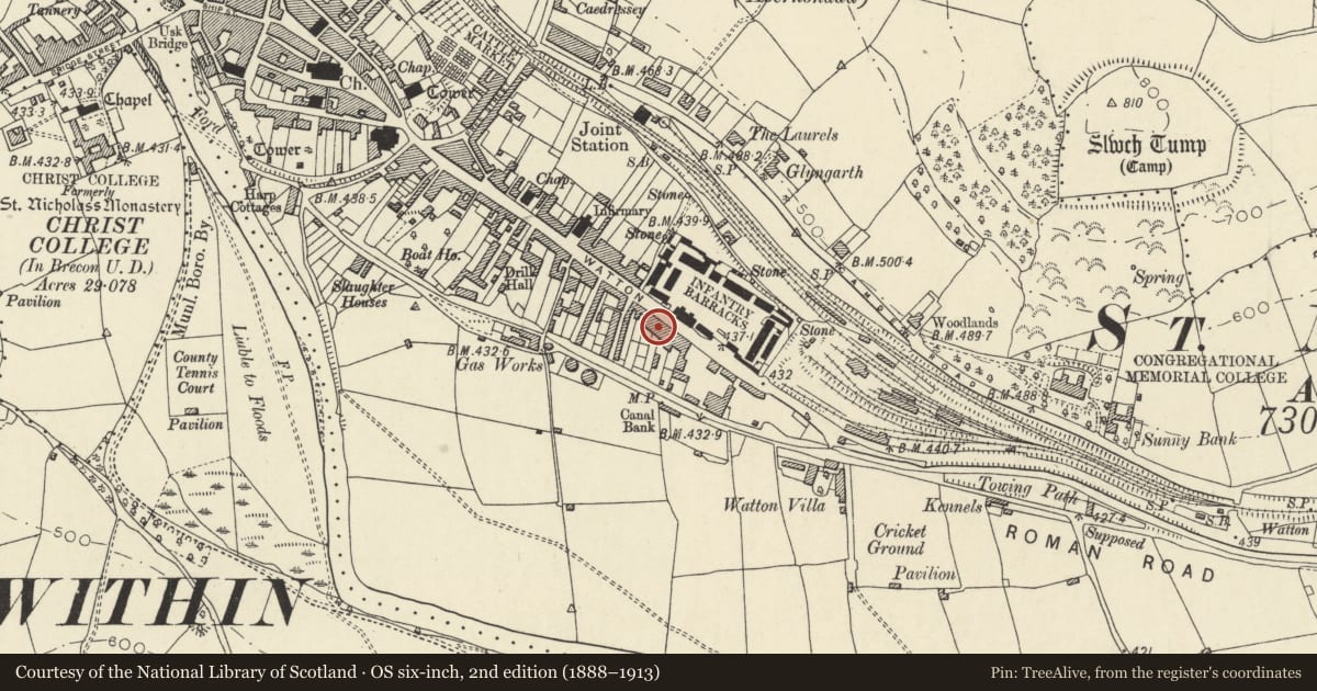 Ordnance Survey six-inch map, 2nd edition (1888–1913) covering the location of No.1 Tregunter Place, including forecourt Wall and Railings, Brecon, Powys, with a pin at the register's coordinates