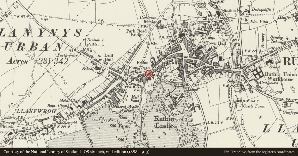Ordnance Survey six-inch map, 2nd edition (1888–1913) covering the location of The Star Inn, Ruthin, Denbighshire, with a pin at the register's coordinates