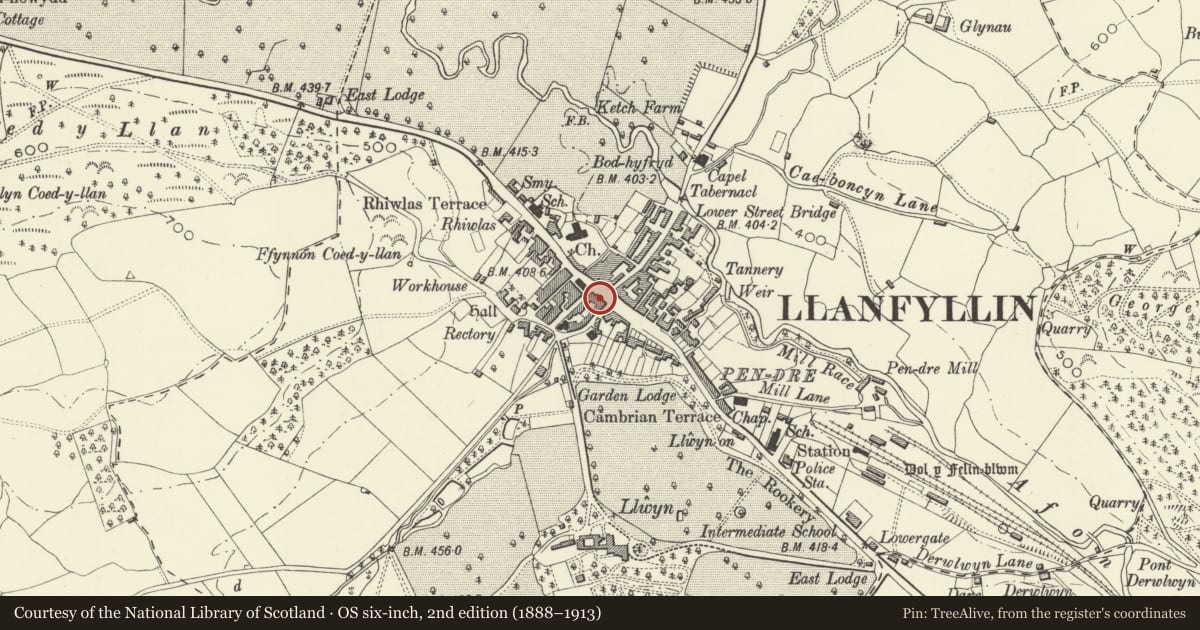 Ordnance Survey six-inch map, 2nd edition (1888–1913) covering the location of 46 High Street, Llanfyllin, Powys, with a pin at the register's coordinates