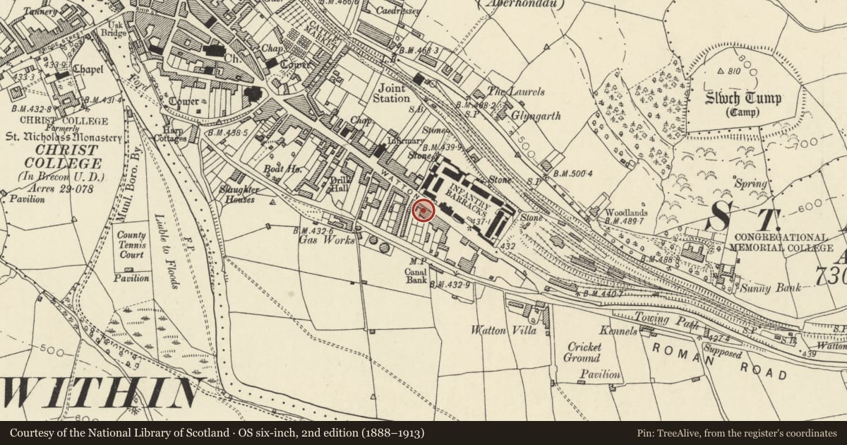 Ordnance Survey six-inch map, 2nd edition (1888–1913) covering the location of No.5 Tregunter Place, including forecourt Wall and Railings, Brecon, Powys, with a pin at the register's coordinates
