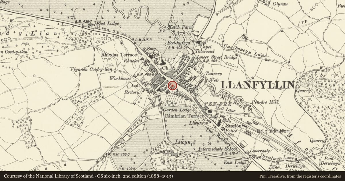 Ordnance Survey six-inch map, 2nd edition (1888–1913) covering the location of Abel House, Llanfyllin, Powys, with a pin at the register's coordinates