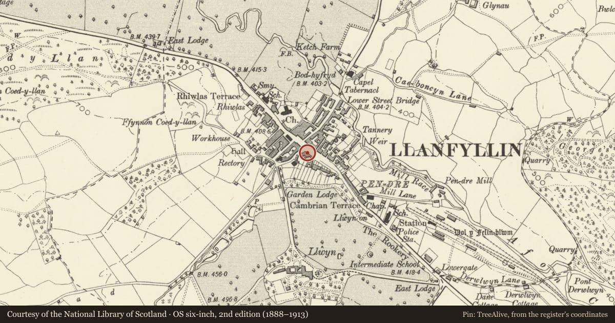 Ordnance Survey six-inch map, 2nd edition (1888–1913) covering the location of 1 Penybryn, Llanfyllin, Powys, with a pin at the register's coordinates