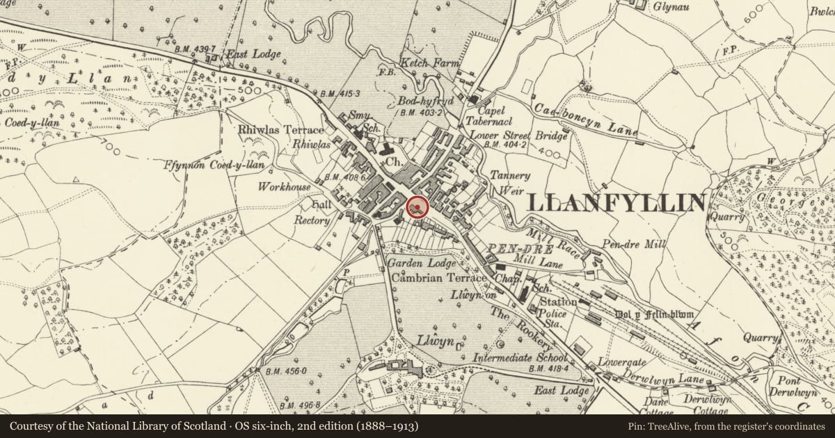 Ordnance Survey six-inch map, 2nd edition (1888–1913) covering the location of 2 Penybryn, Llanfyllin, Powys, with a pin at the register's coordinates