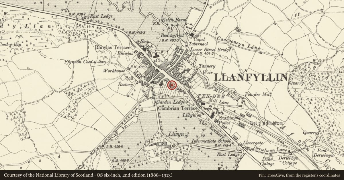 Ordnance Survey six-inch map, 2nd edition (1888–1913) covering the location of 8 Penybryn, Llanfyllin, Powys, with a pin at the register's coordinates