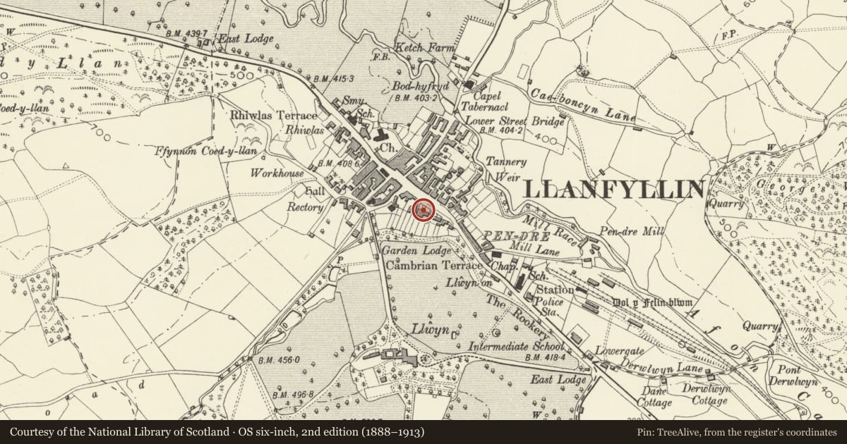 Ordnance Survey six-inch map, 2nd edition (1888–1913) covering the location of 9 Penybryn, Llanfyllin, Powys, with a pin at the register's coordinates