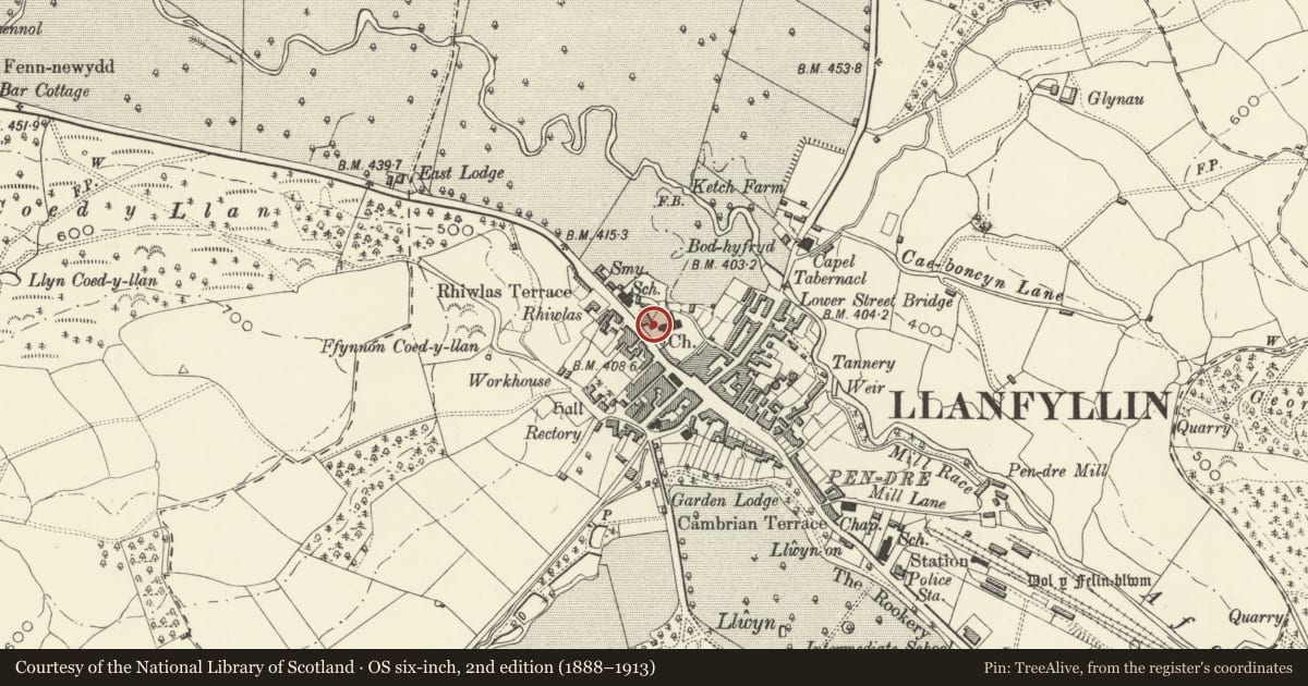 Ordnance Survey six-inch map, 2nd edition (1888–1913) covering the location of Green Square, Llanfyllin, Powys, with a pin at the register's coordinates