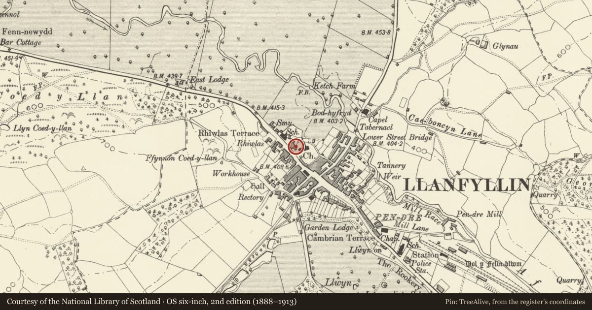 Ordnance Survey six-inch map, 2nd edition (1888–1913) covering the location of Green Square, Llanfyllin, Powys, with a pin at the register's coordinates