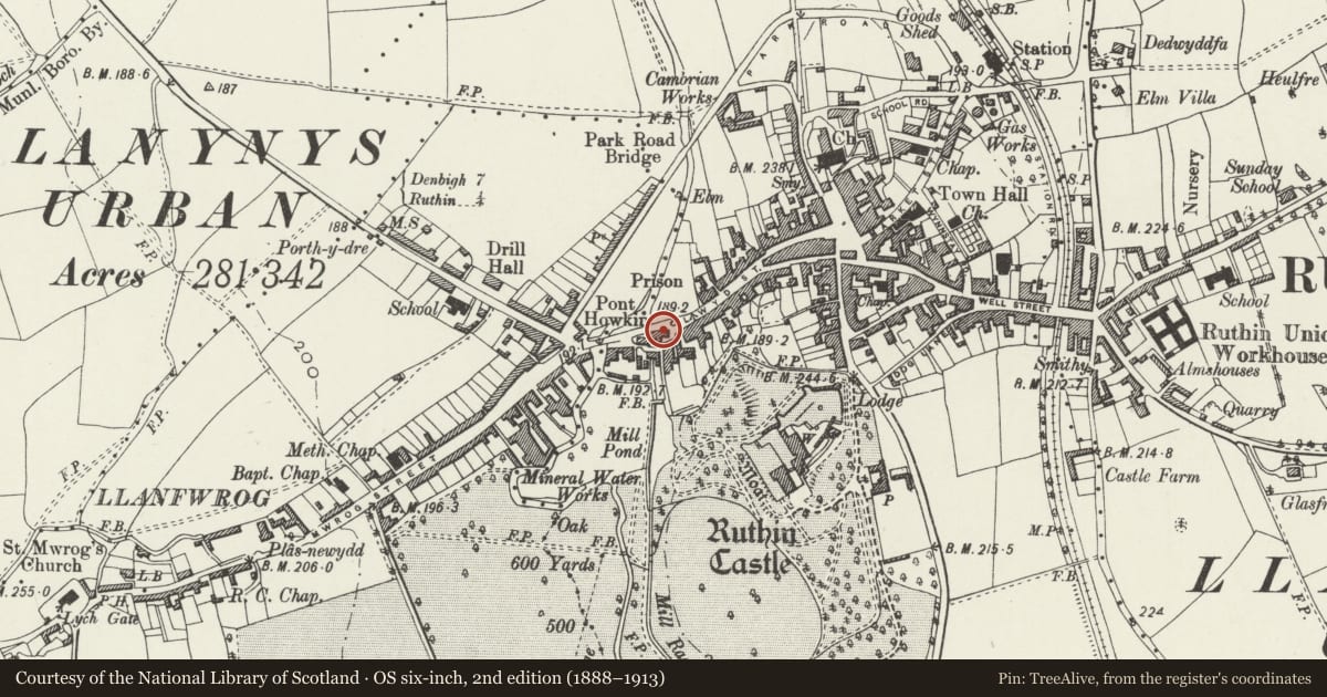Ordnance Survey six-inch map, 2nd edition (1888–1913) covering the location of Porth, Ruthin, Denbighshire, with a pin at the register's coordinates