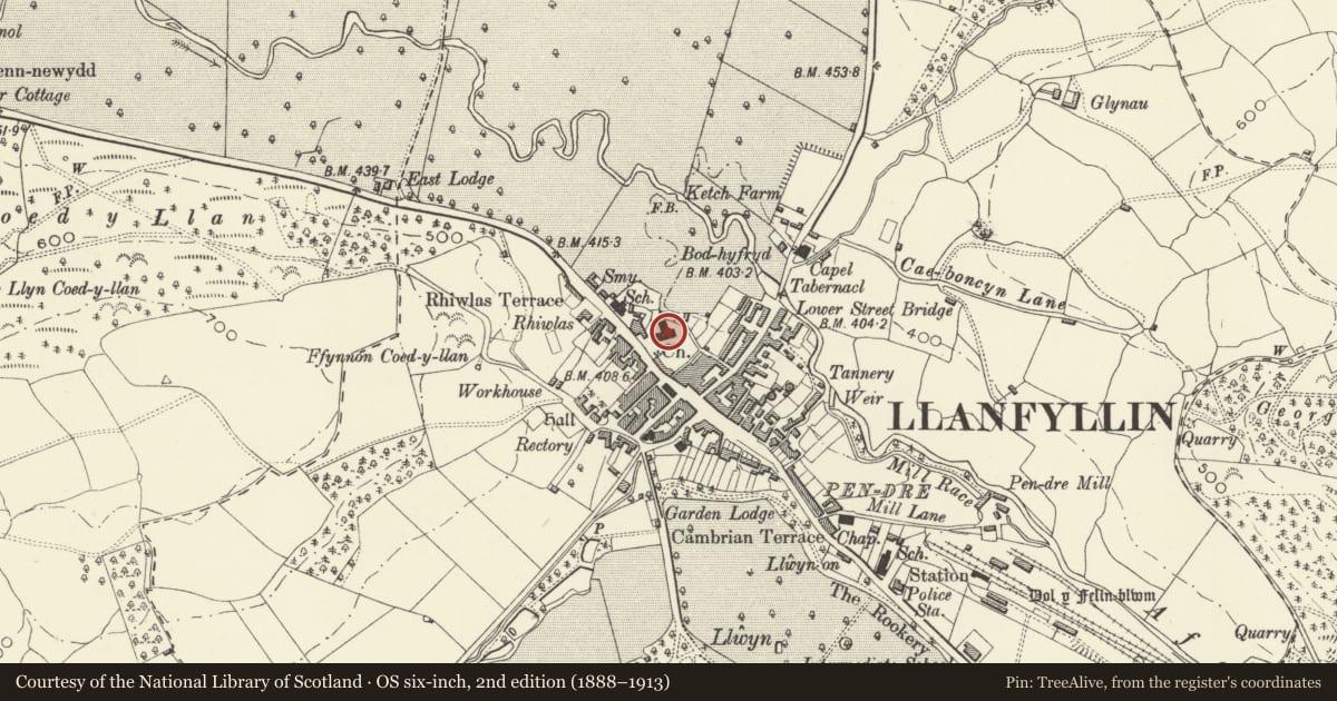 Ordnance Survey six-inch map, 2nd edition (1888–1913) covering the location of St. Myllin's Church, Llanfyllin, Powys, with a pin at the register's coordinates