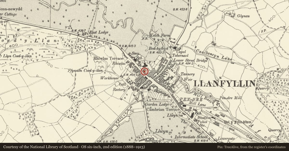 Ordnance Survey six-inch map, 2nd edition (1888–1913) covering the location of Denbigh House, Llanfyllin, Powys, with a pin at the register's coordinates