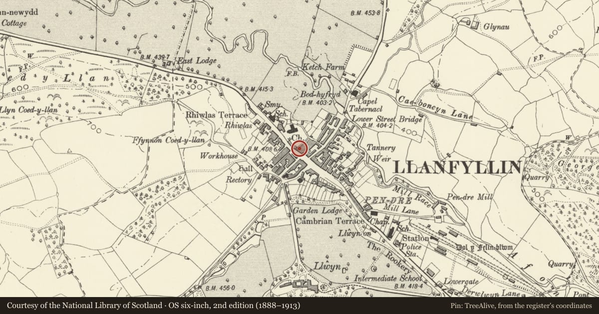 Ordnance Survey six-inch map, 2nd edition (1888–1913) covering the location of Waterloo House, Llanfyllin, Powys, with a pin at the register's coordinates