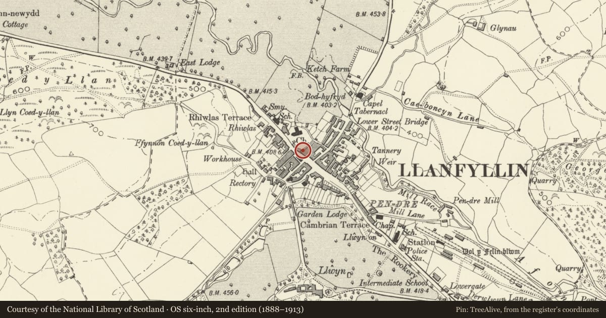 Ordnance Survey six-inch map, 2nd edition (1888–1913) covering the location of National Westminster Bank, Llanfyllin, Powys, with a pin at the register's coordinates