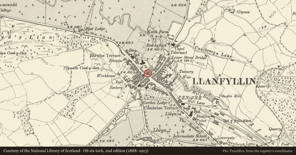 Ordnance Survey six-inch map, 2nd edition (1888–1913) covering the location of 40 High Street, Llanfyllin, Powys, with a pin at the register's coordinates