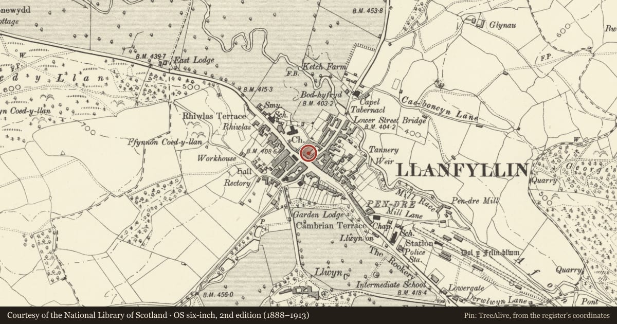 Ordnance Survey six-inch map, 2nd edition (1888–1913) covering the location of Cain Valley Hotel, Llanfyllin, Powys, with a pin at the register's coordinates