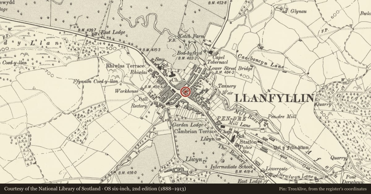 Ordnance Survey six-inch map, 2nd edition (1888–1913) covering the location of Nazar, Llanfyllin, Powys, with a pin at the register's coordinates