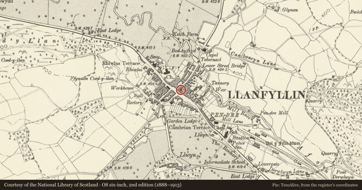 Ordnance Survey six-inch map, 2nd edition (1888–1913) covering the location of Eagle Cafe, Llanfyllin, Powys, with a pin at the register's coordinates