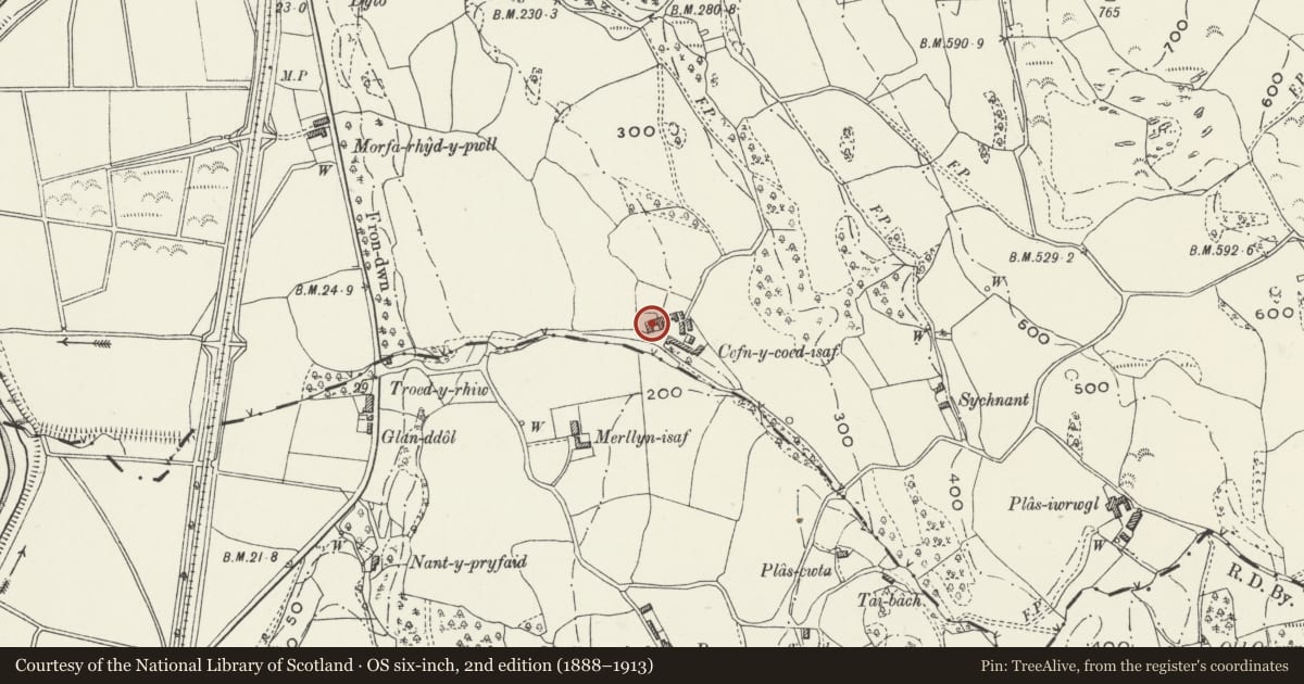 Ordnance Survey six-inch map, 2nd edition (1888–1913) covering the location of Cefn-y-Coed Isa, Eglwysbach, Conwy, with a pin at the register's coordinates