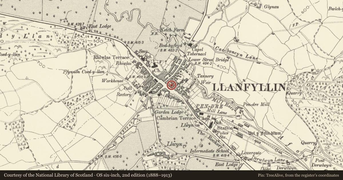 Ordnance Survey six-inch map, 2nd edition (1888–1913) covering the location of Globe House, Llanfyllin, Powys, with a pin at the register's coordinates