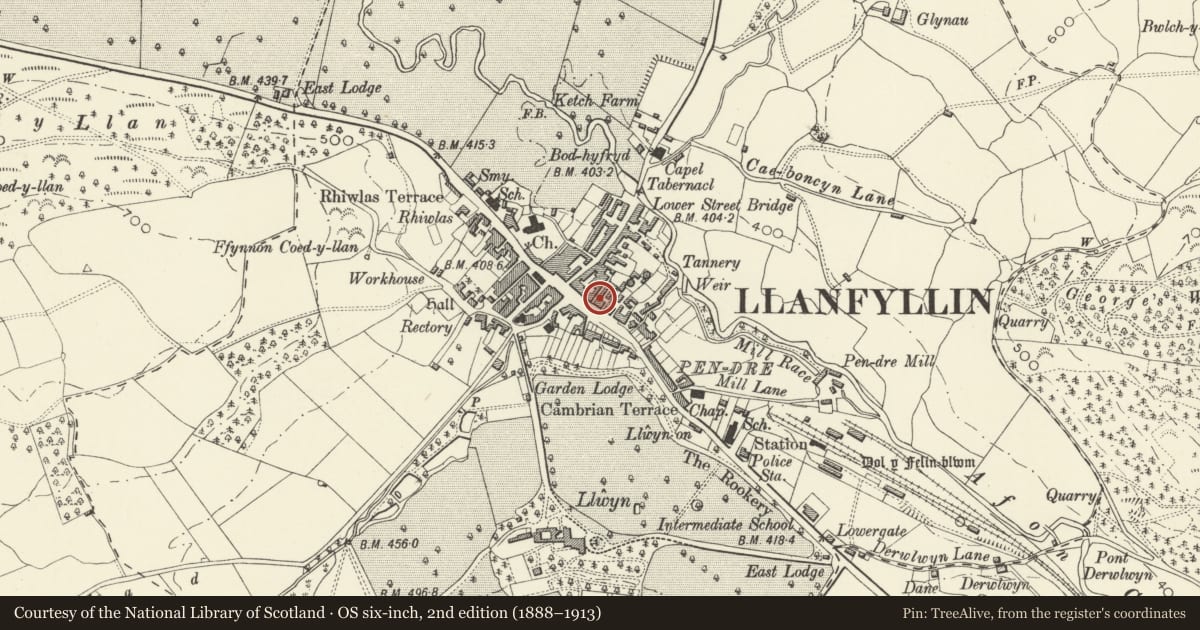 Ordnance Survey six-inch map, 2nd edition (1888–1913) covering the location of Lower Cross Keys P.H., Llanfyllin, Powys, with a pin at the register's coordinates