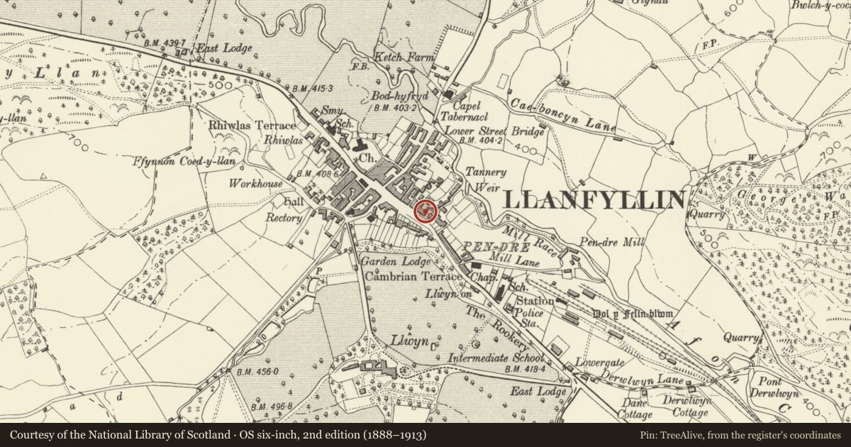Ordnance Survey six-inch map, 2nd edition (1888–1913) covering the location of Glanaber, Llanfyllin, Powys, with a pin at the register's coordinates