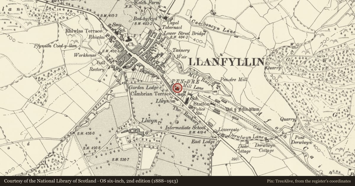 Ordnance Survey six-inch map, 2nd edition (1888–1913) covering the location of Capel Annibynnol, Llanfyllin, Powys, with a pin at the register's coordinates
