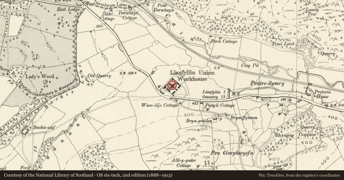 Ordnance Survey six-inch map, 2nd edition (1888–1913) covering the location of Y Dolydd, Llanfyllin, Powys, with a pin at the register's coordinates