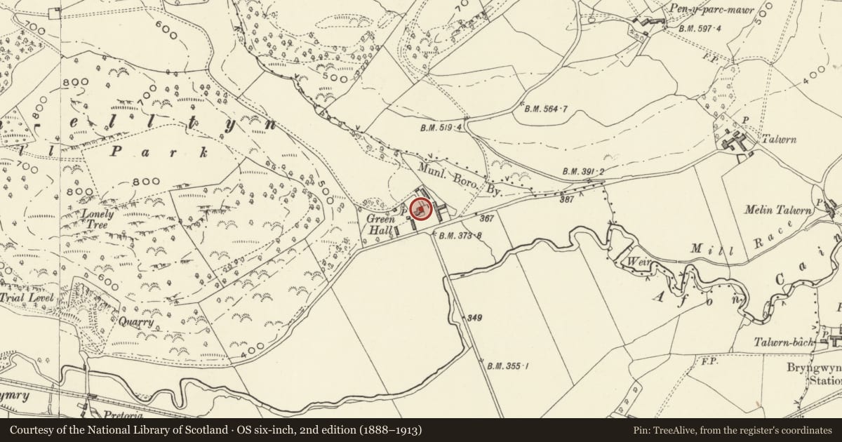 Ordnance Survey six-inch map, 2nd edition (1888–1913) covering the location of Green Hall, Llanfyllin, Powys, with a pin at the register's coordinates