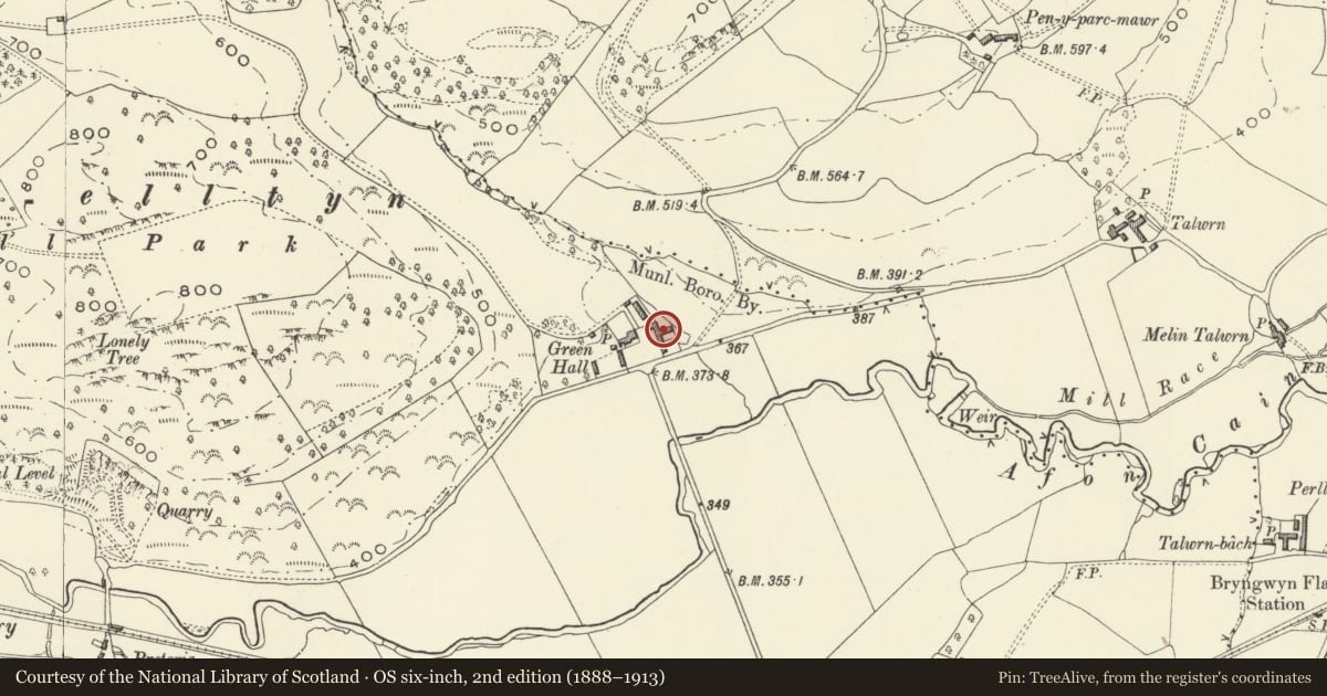 Ordnance Survey six-inch map, 2nd edition (1888–1913) covering the location of Barn & Cartshed Range at Greet Hall, Llanfyllin, Powys, with a pin at the register's coordinates