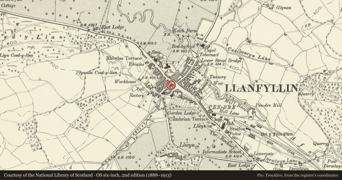 Ordnance Survey six-inch map, 2nd edition (1888–1913) covering the location of 1 Market Street, Llanfyllin, Powys, with a pin at the register's coordinates