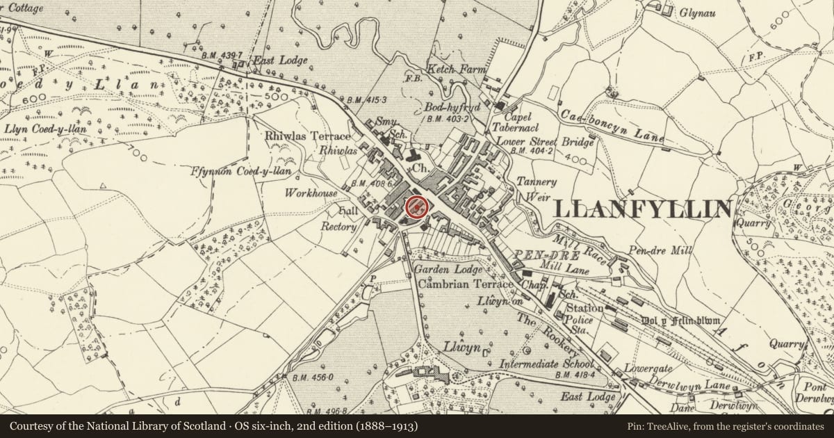 Ordnance Survey six-inch map, 2nd edition (1888–1913) covering the location of The Old White Lion, Llanfyllin, Powys, with a pin at the register's coordinates