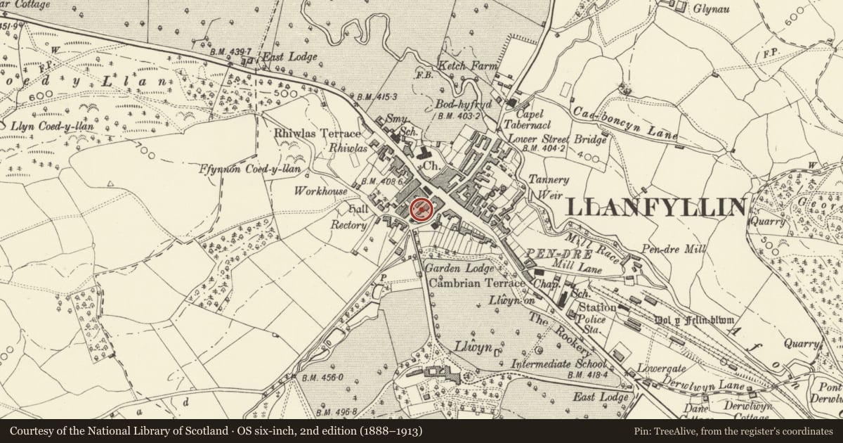 Ordnance Survey six-inch map, 2nd edition (1888–1913) covering the location of 13 Market Street, Llanfyllin, Powys, with a pin at the register's coordinates