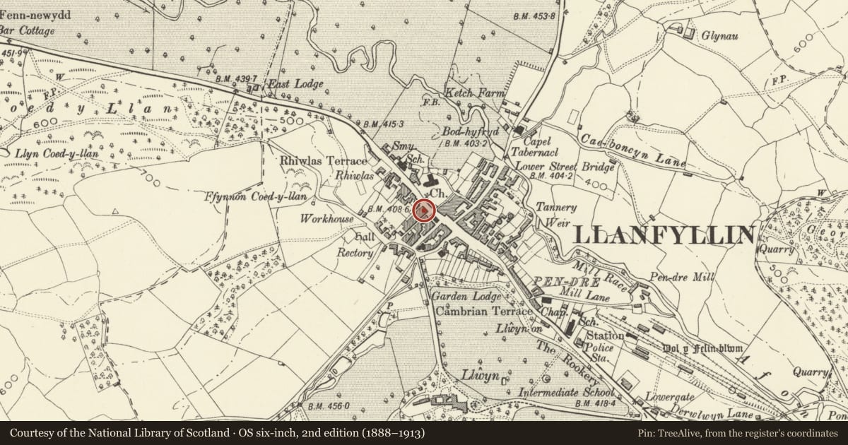 Ordnance Survey six-inch map, 2nd edition (1888–1913) covering the location of 1 Narrow Street (Down to Earth), Llanfyllin, Powys, with a pin at the register's coordinates