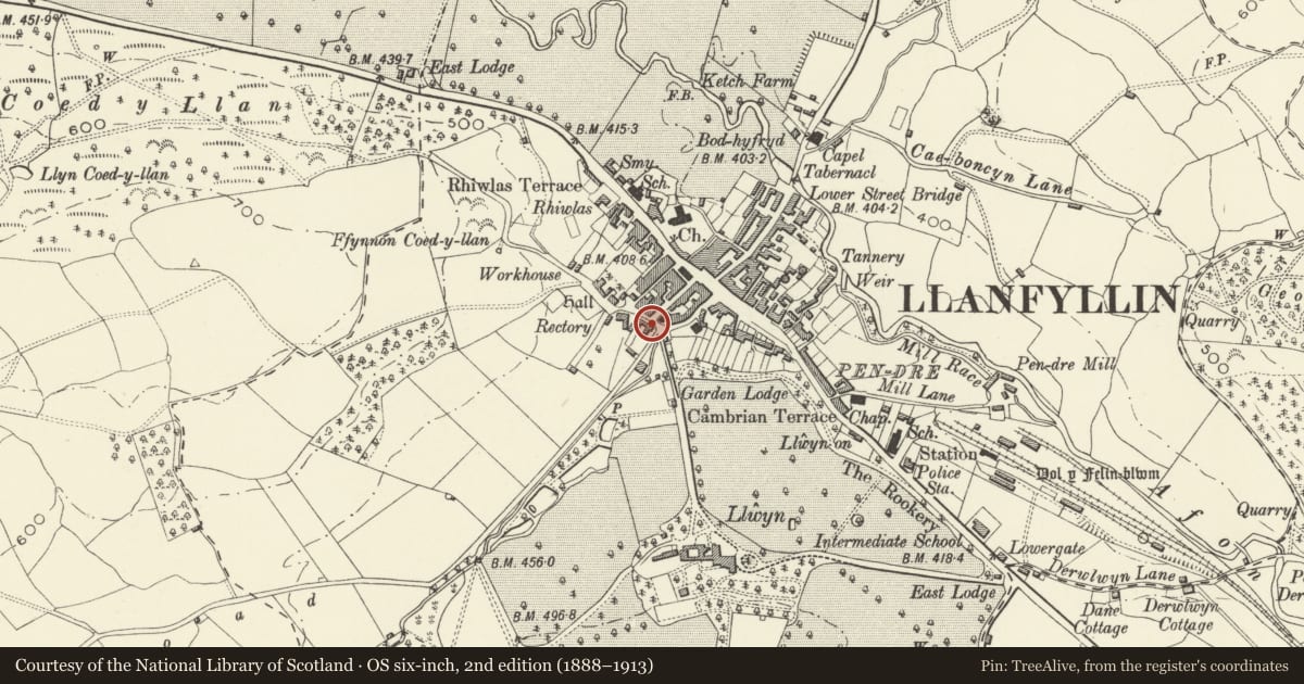Ordnance Survey six-inch map, 2nd edition (1888–1913) covering the location of Brookside, Llanfyllin, Powys, with a pin at the register's coordinates