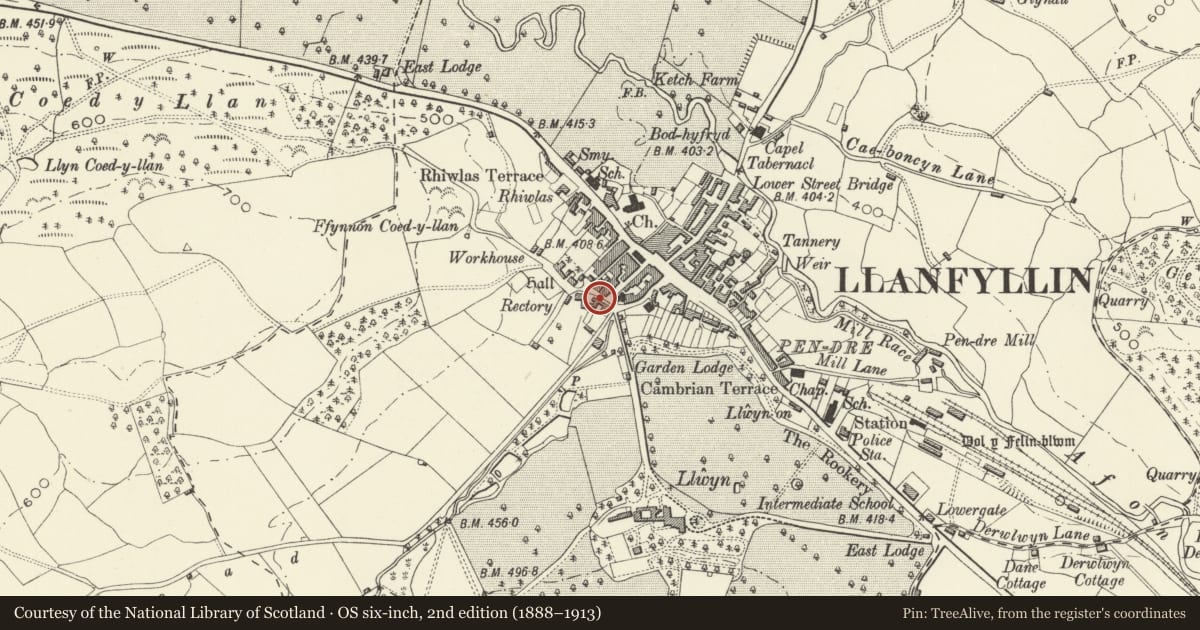 Ordnance Survey six-inch map, 2nd edition (1888–1913) covering the location of Gwyndy, Llanfyllin, Powys, with a pin at the register's coordinates