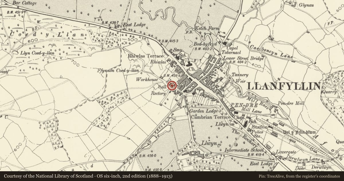 Ordnance Survey six-inch map, 2nd edition (1888–1913) covering the location of The Hall, Llanfyllin, Powys, with a pin at the register's coordinates