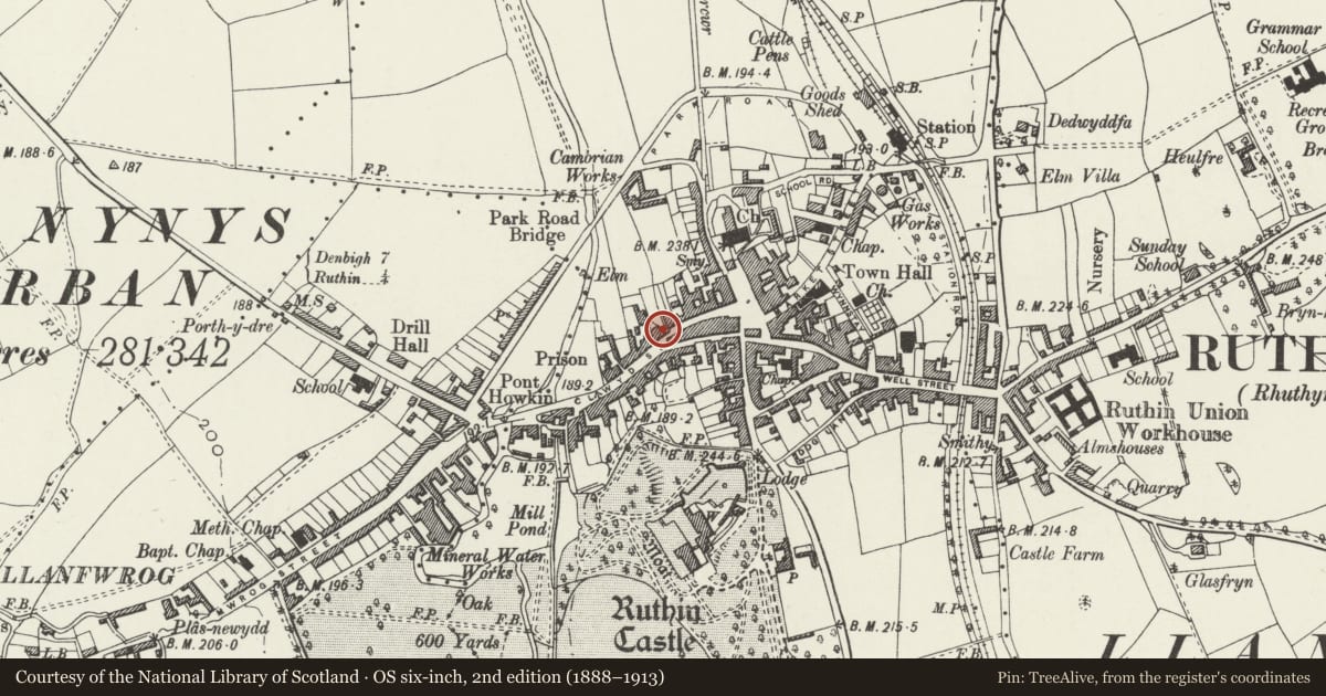 Ordnance Survey six-inch map, 2nd edition (1888–1913) covering the location of Bryn Clwyd, Ruthin, Denbighshire, with a pin at the register's coordinates