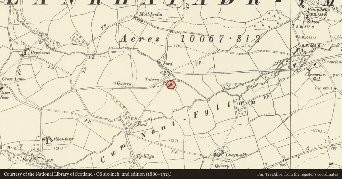 Ordnance Survey six-inch map, 2nd edition (1888–1913) covering the location of Talwrn Farmhouse, Llanfyllin, Powys, with a pin at the register's coordinates